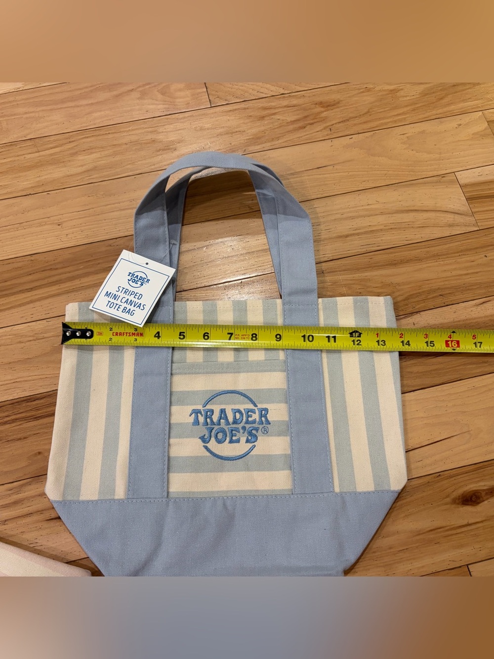 NWT Trader Joe’s Bundle Set of 2 Reusable Mini Pastel Pink Blue Stripe Tote Bags - Picture 3 of 3